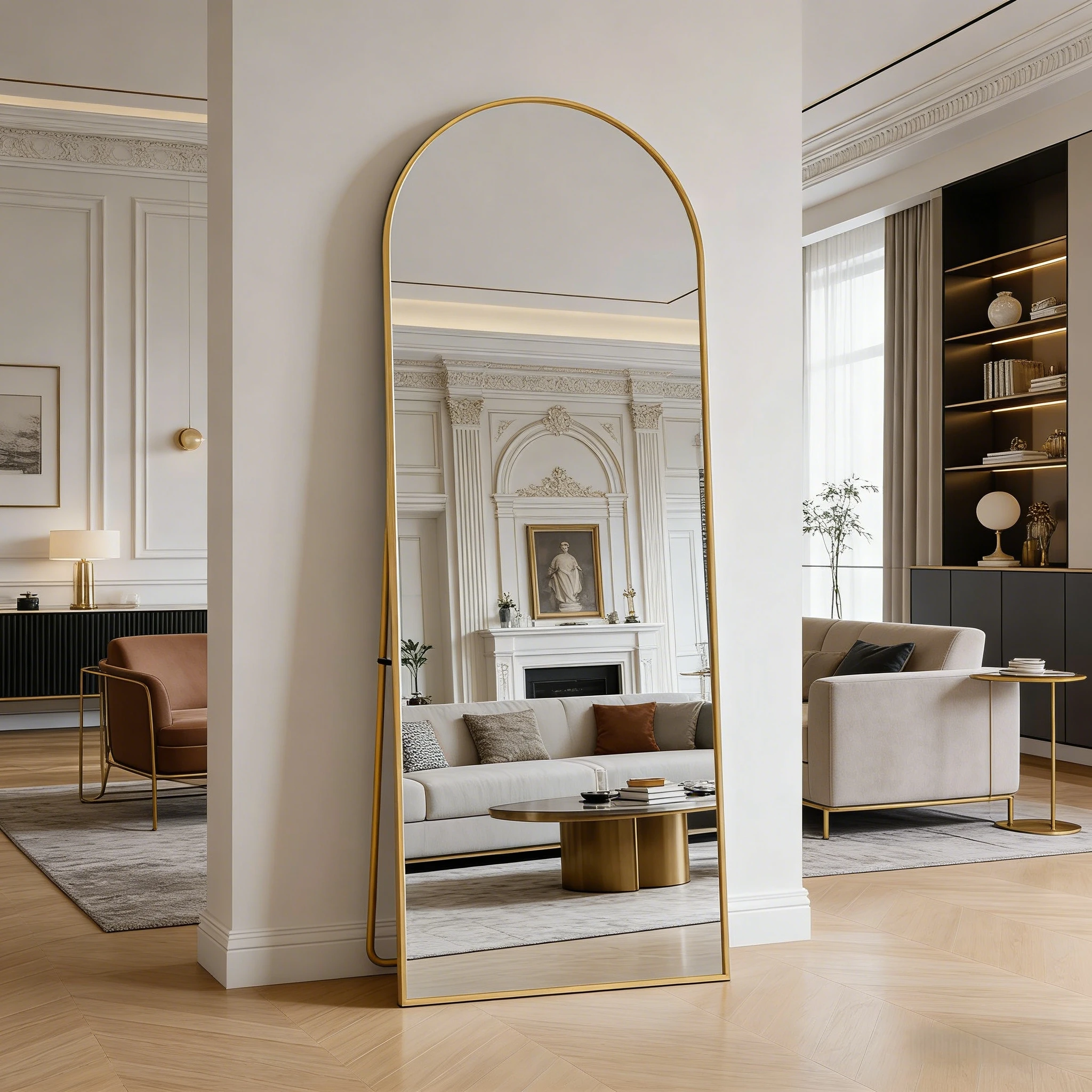 Miroir pleine longueur en verre trempé Anajqaqia, cadre en alliage d'aluminium cintrée, 162x53cm, support réglable, Or/Noir