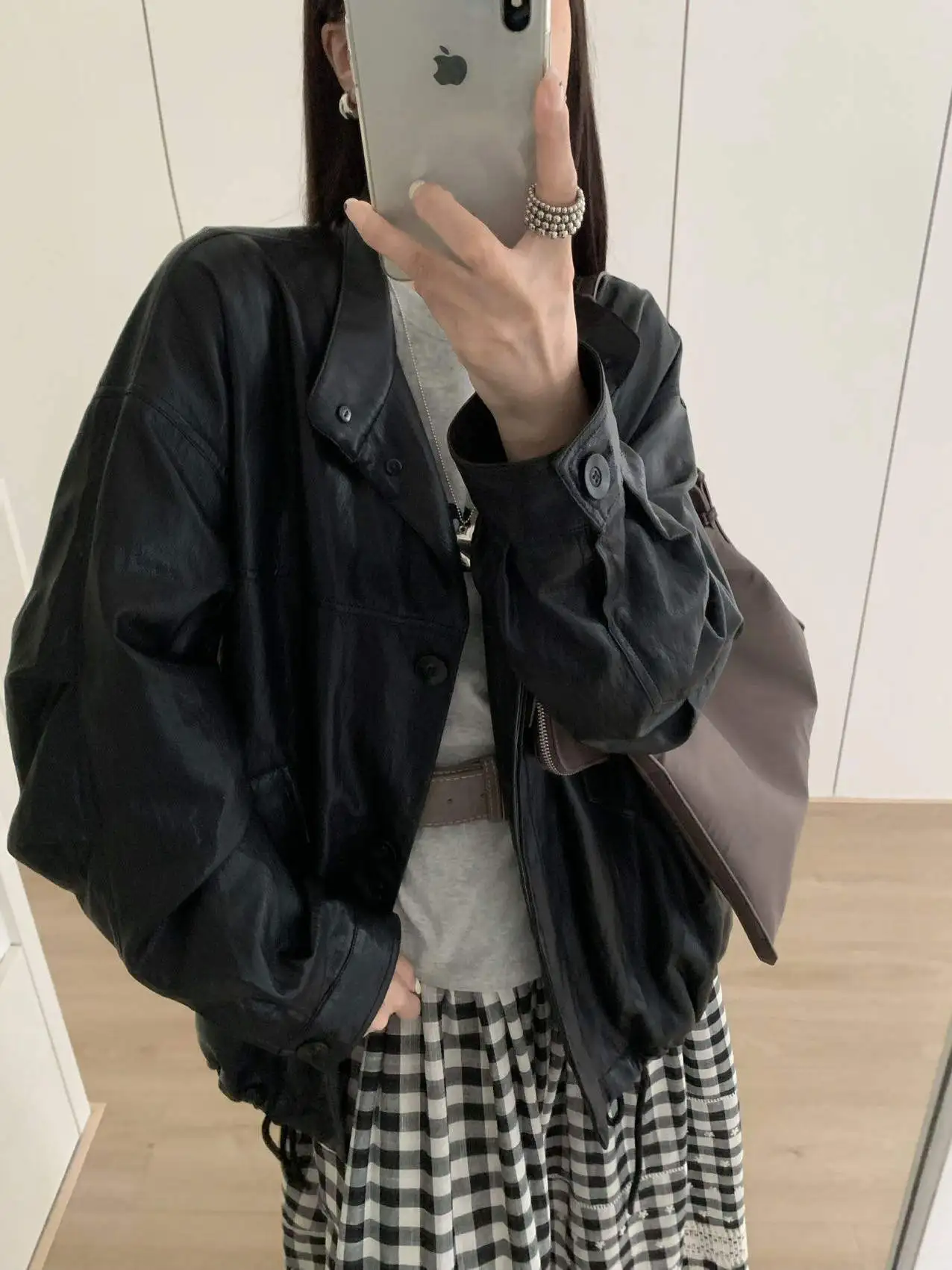 Vêtement d'extérieur polyvalent en cuir synthétique pour femme, coupe ample, col montant, patchwork, style coréen, haut d'automne H908