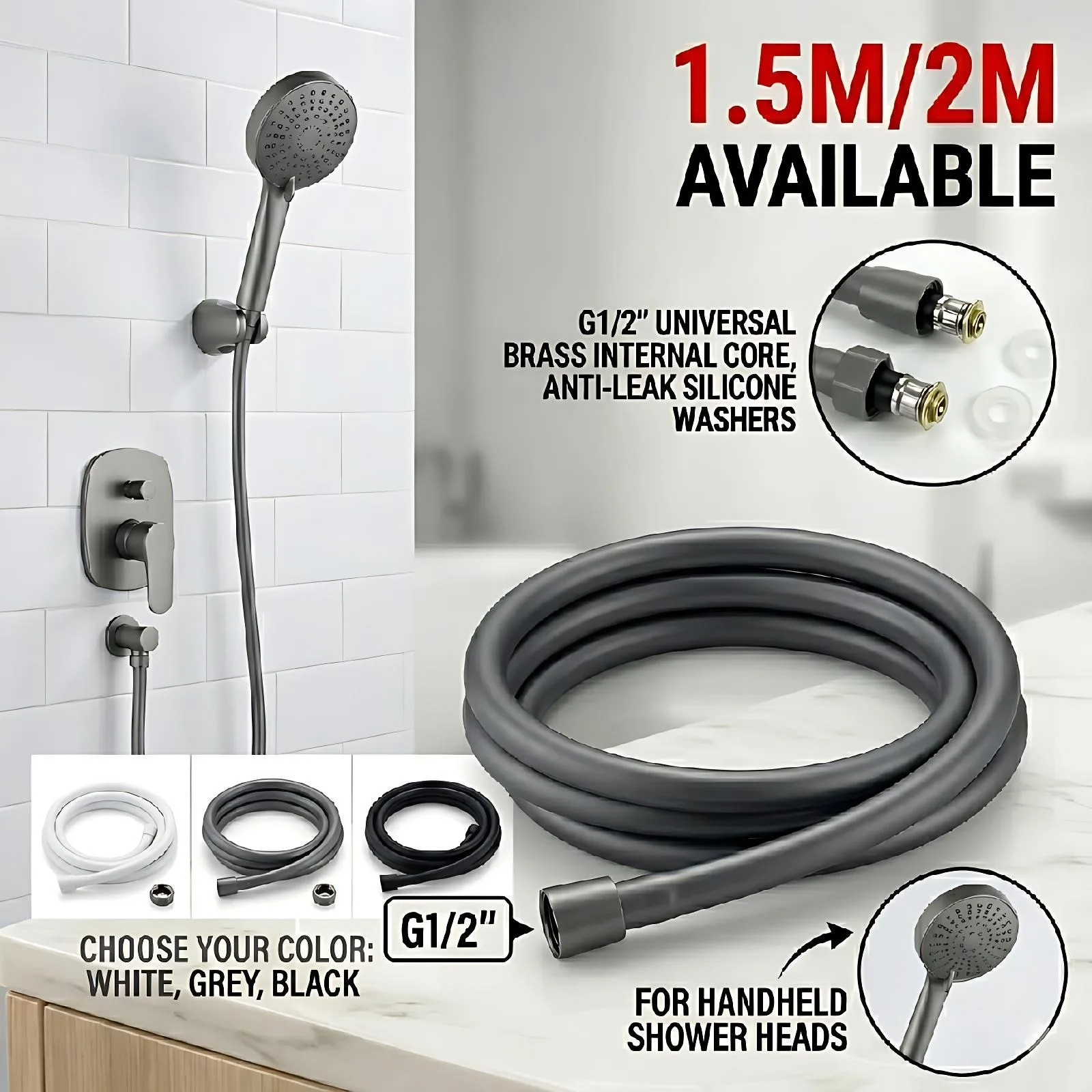

PVC Shower Hose 1.5M 2M Flexible Anti-Tangle Matte White Grey Black G1/2 Universal Shower Head Water Pipe Hose Replacement