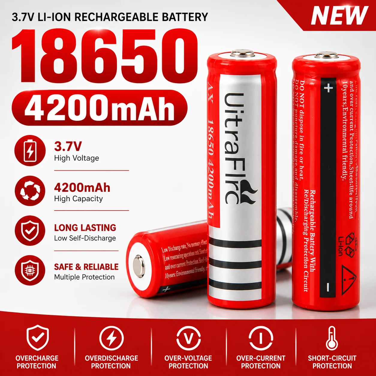 

18650 battery 3.7V 4200mAh rechargeable lithium-ion battery suitable for LED flashlights, headlights, laser lights