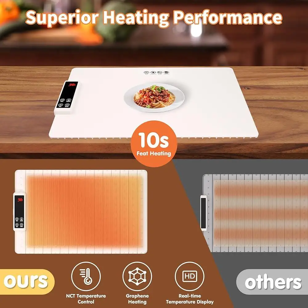 Foldable Electric Warming Tray Food Heating Mat with 6 Temperature Settings 5 Timer Options Portable Kitchen Essential