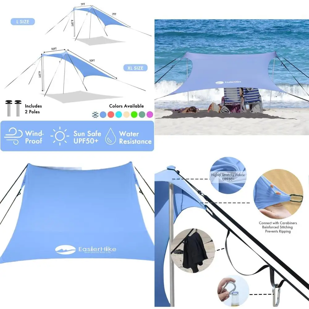 خيمة شاطئ محمولة مقاومة للرياح مقاس 10 × 10 أقدام مع حماية من أشعة الشمس 50+ و6 مراسي رمل للعائلات