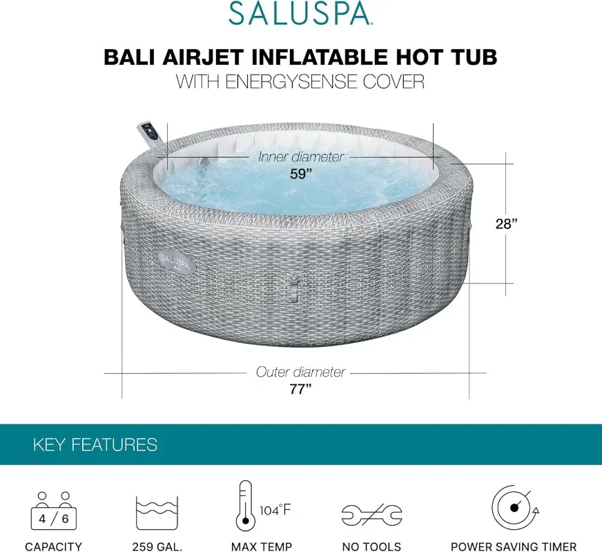 Bestway SaluSpa Bali 4 to 6 Person Inflatable Hot Tub, Round Energy-Efficient Portable Outdoor Spa with 140 AirJets, 77