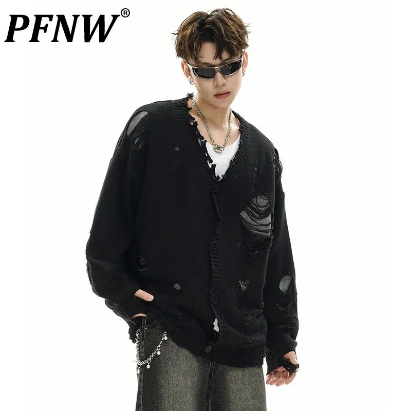 

PFNW Hollow Out Hole Spliced Contrast Color Knitwear Men's V-neck Niche Design Crochet Male Sweater New Stylish Autumn 28W4105