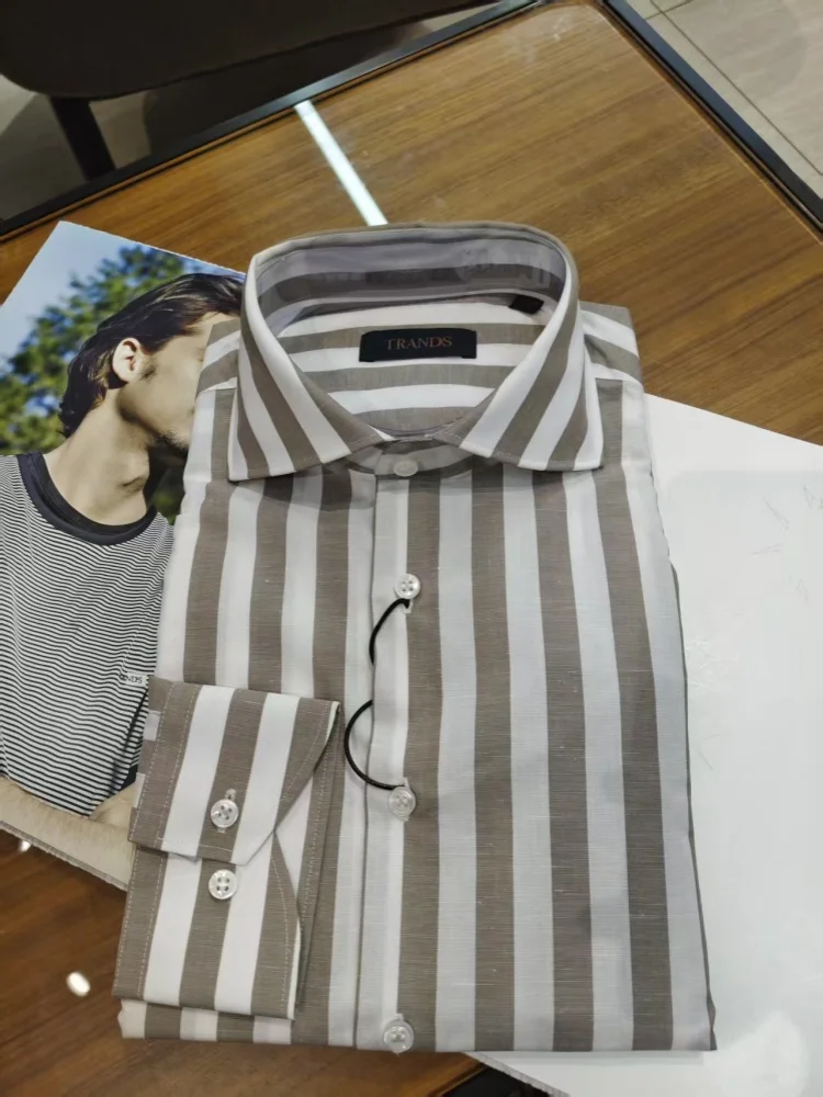 

Men's Long Sleeve Shirt TRANDS Brand ALUMO Fabric Italian Wide Stripe Cotton Linen Business Gentleman Style Daily Wear Spring...