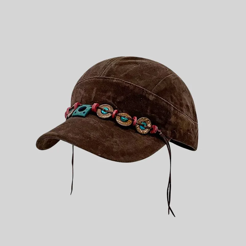 Autumn and Winter Women's Retro Western-Style Faux Suede Short-Brimmed Baseball Cap with Handmade Turquoise and Wooden Bead Embellishments, Adjustable Leather Cord Tassel, Outdoor Travel Warm Hat