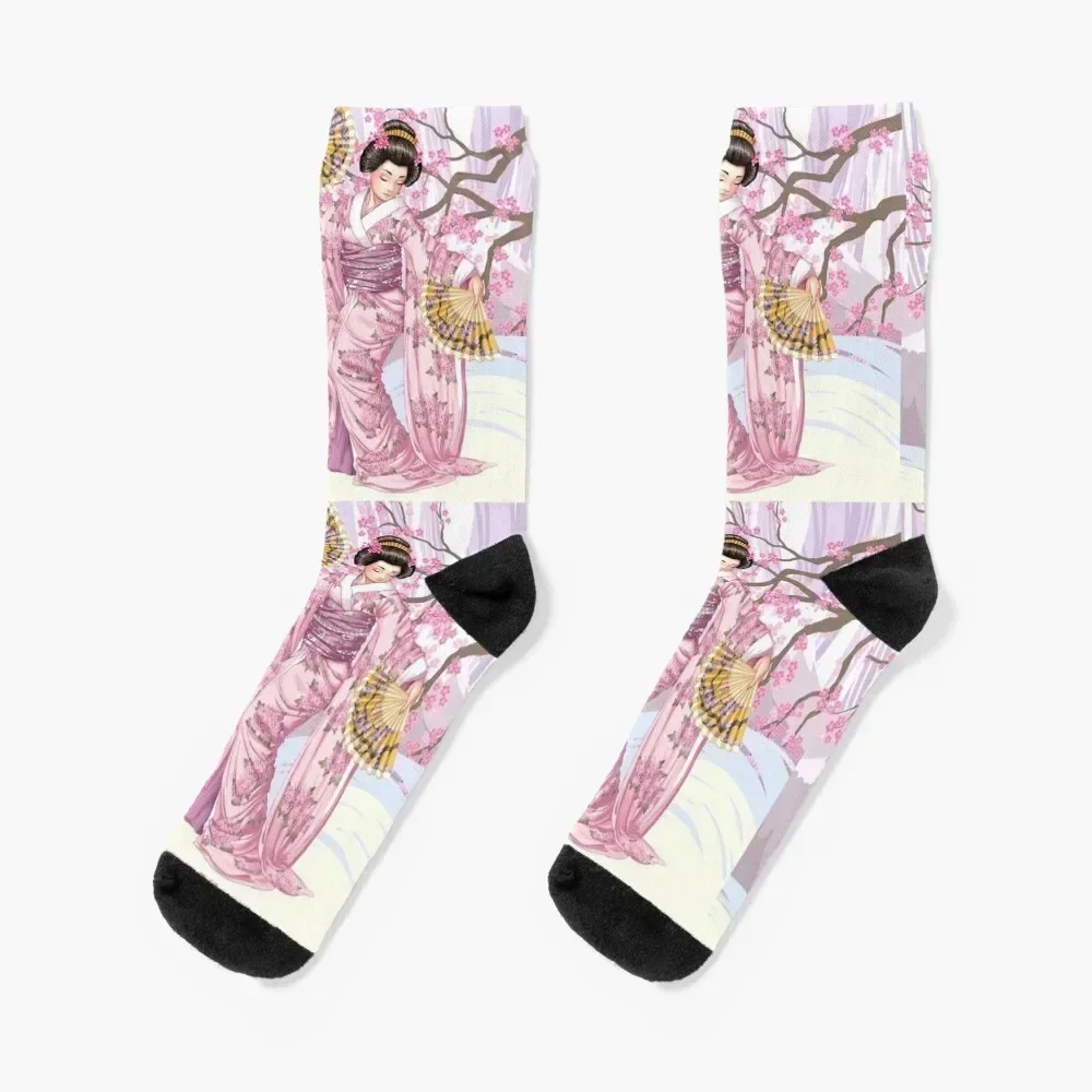 

Pretty Japanese woman with fans and pink cherry blossoms Socks set men cotton high quality Boy Socks Women's