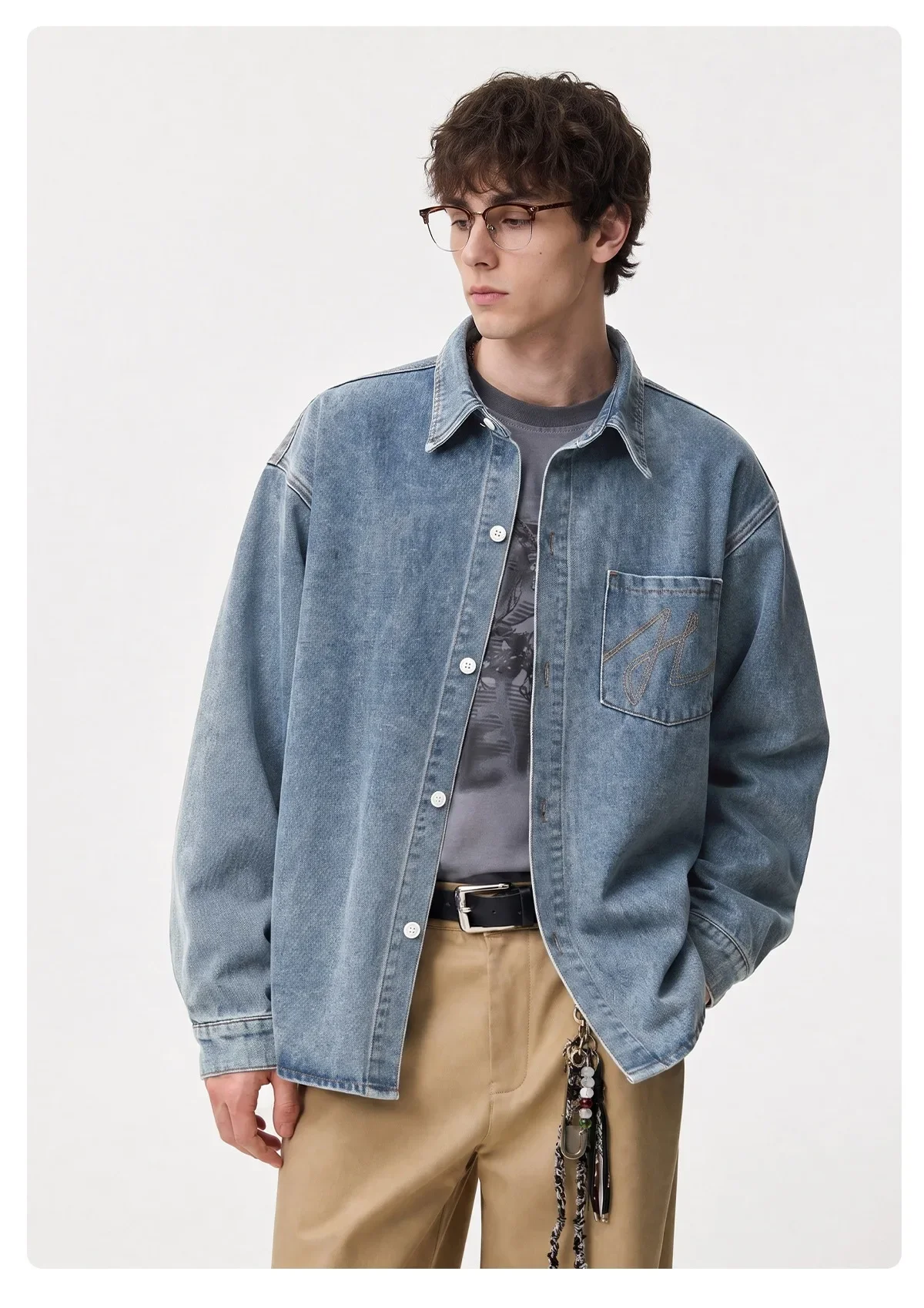 Tide brand washed old denim long-sleeved shirt men's autumn letter embroidered retro shirt jacket