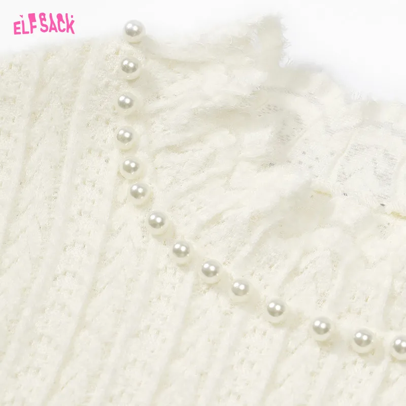 ELFSACK 2024 Winter New Arrivals White semi high collar lace base shirt, women pearl inner top Christmas