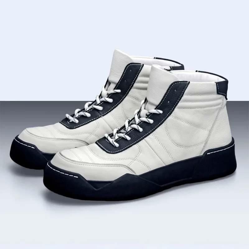 Concise Fashion High Top Boots Men's Shoes Genuine Leather Trendy Thick Sole Outdoor Hiking Sport Shoes Male Cowhide Sneakers