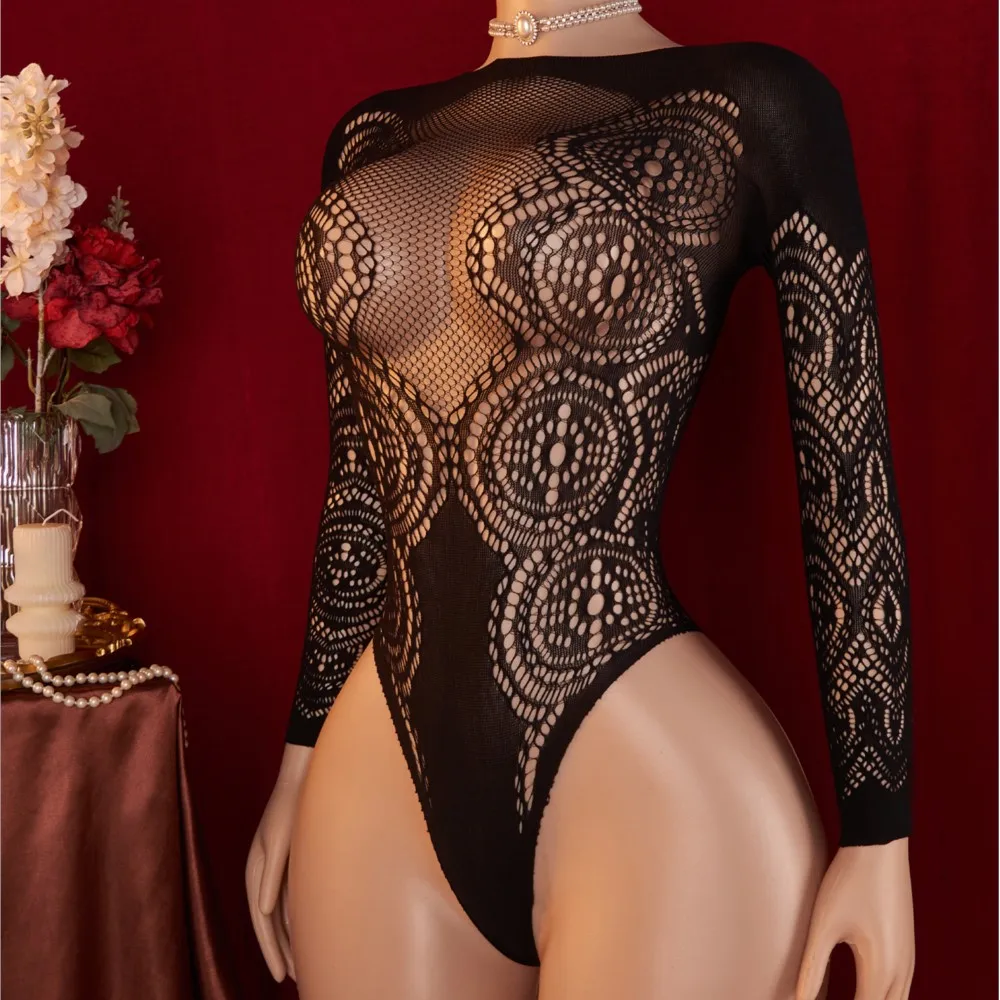 

Черное прозрачное облегающее боди Babydoll с длинными рукавами, экзотическое прозрачное кружево, порно, нижнее белье, сетчатое сексуальное нижнее белье