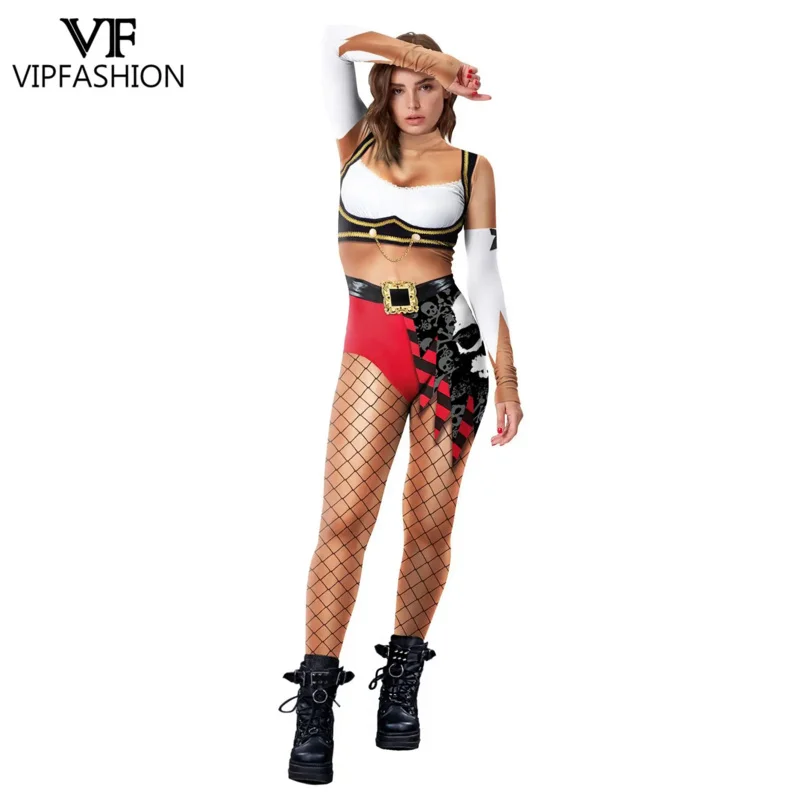 VIPFASHION امرأة القراصنة طباعة بذلة هالوين مثير Zentai ارتداءها 12% دنة مهرجان Catsuit الإناث عرض ملابس الحفلات