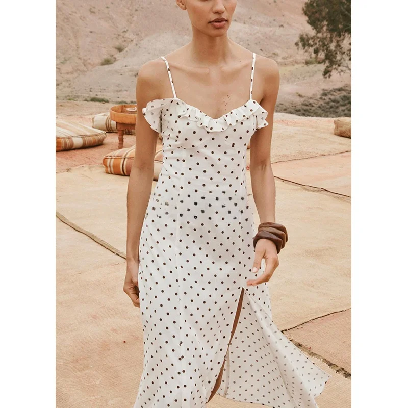 Vestido Midi F de Verão com Estampa de Poá, Decote em V, Decoração em Camadas, Linho Misto, Laço Borboleta, Cintura Al...