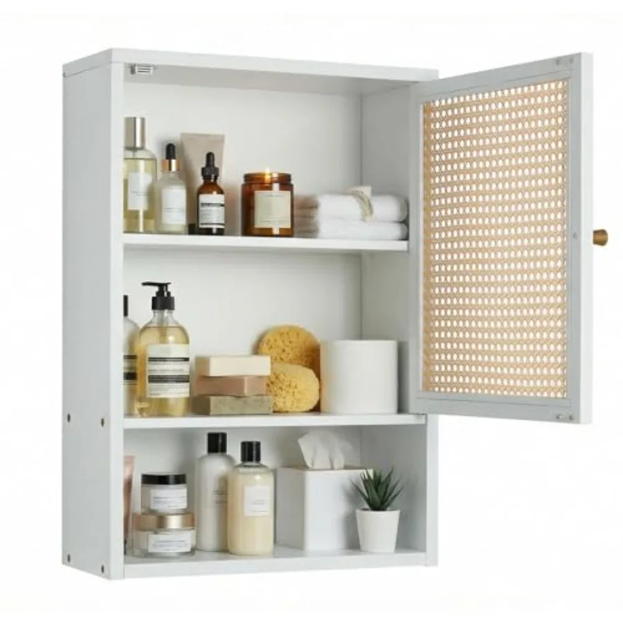 

Bathroom Wall Cabinet, Bamboo Medicine Cabinet with Rattan Doors, Adjustable Shelf, Wall Mounted Storage Cabinet for Bathroom,