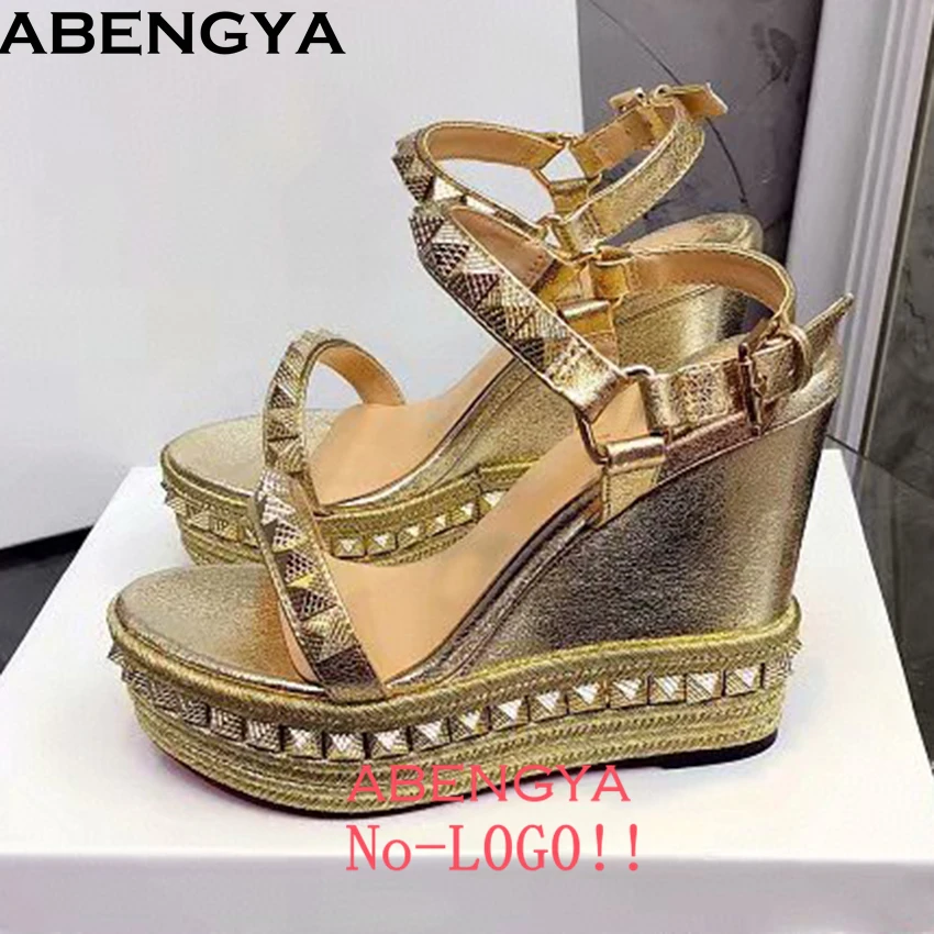 

Summer Rivet Studded Platform Sandals Women Wedge Heel Leather Party Shoes For Woman Runway Ankle Strap Women's Sandals