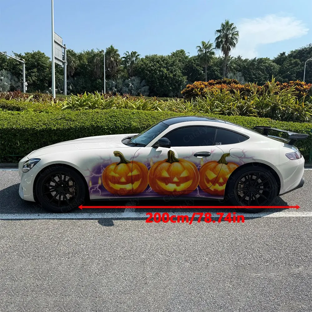 2pcs Pumpkin & Purple Lightning Car Side Wraps, Self-Adhesive PVC Waterproof & Scratch-Resistant Stickers, Car Accessory Gift