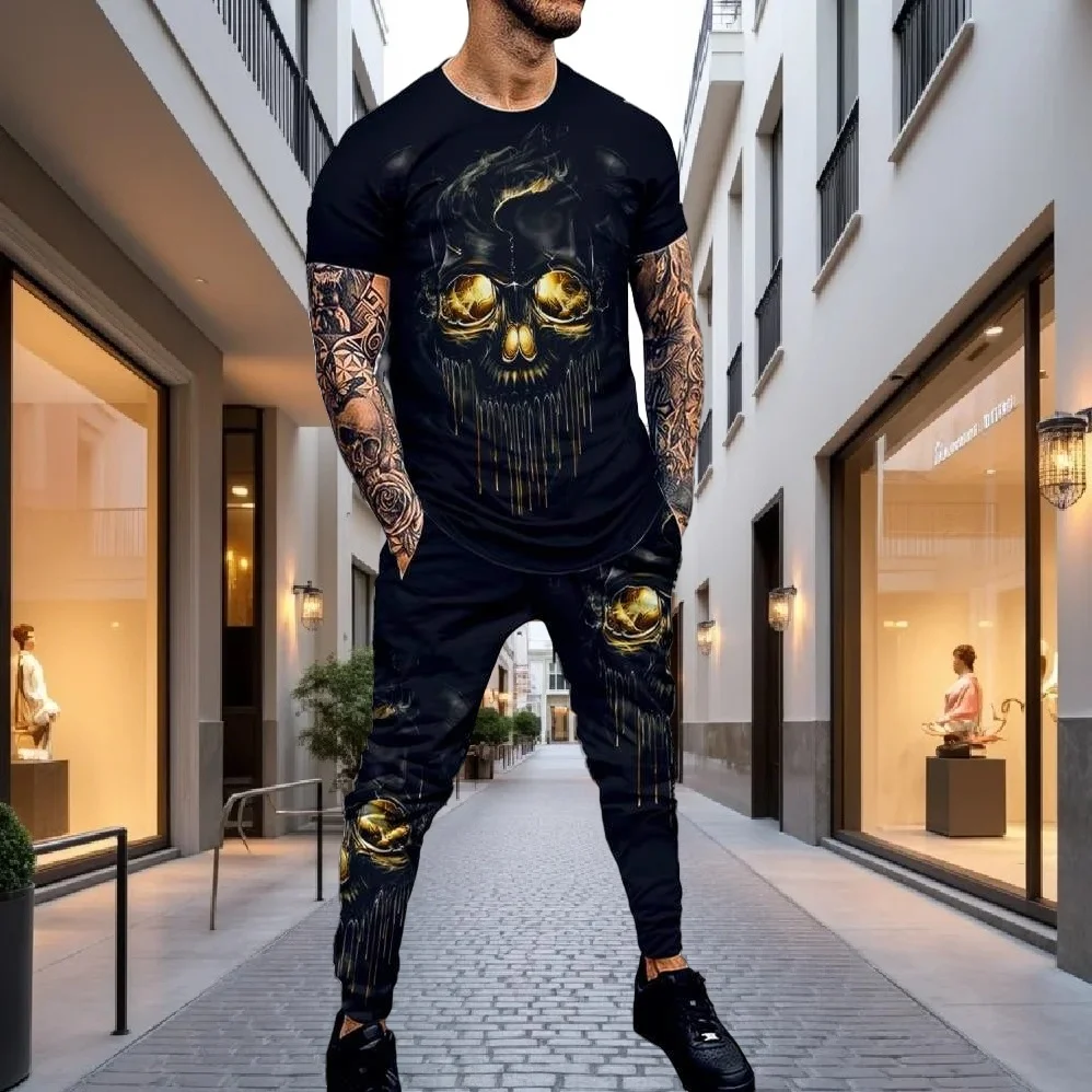 

25/26 Latest T-shirt Set European and American Street Fashion Hip Hop Skull 3D Spring and Autumn Top Pants Casual Style Adult