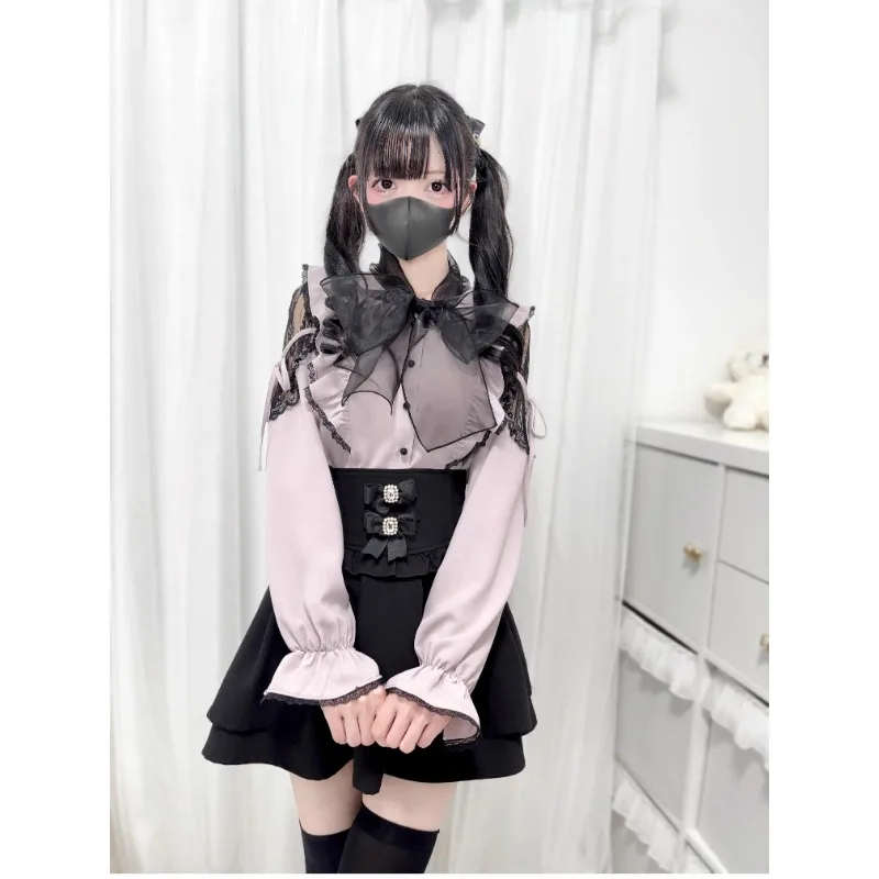 2025 Summer Mesh Big Bow Off-the-shoulder Lace Strap Flying Sleeve Shirt Japanese Mass-produced Mine Series Long Sleeves Blouse