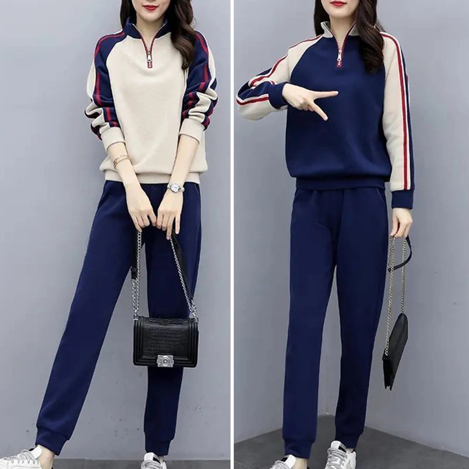 Women Stylish Suit Set Women's Cozy Winter Tracksuit Set with Color Matching Zipper Decor Stand Collar Sweatshirt for Ladies