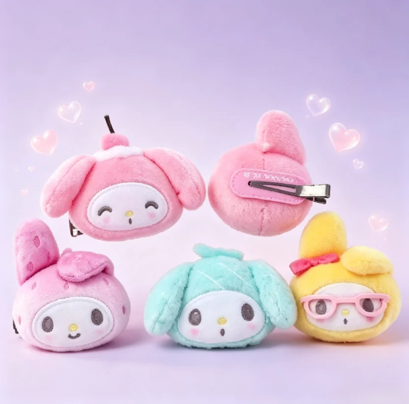 Original Sanrio My Melody Niedliches Mädchen-Plüschtier Anime Stofftiere Zweiseitige Haarspange Accessoires Hüte Schals Taschenanhänger Geschenk