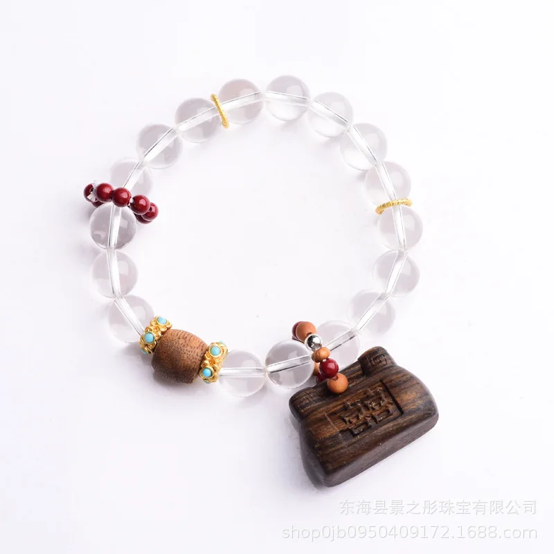 Natural White Crystal Single Circle Bracelet with Chess Nan Agarwood Big Lock Cinnabar Crafts Ornament Girls' Bracelet