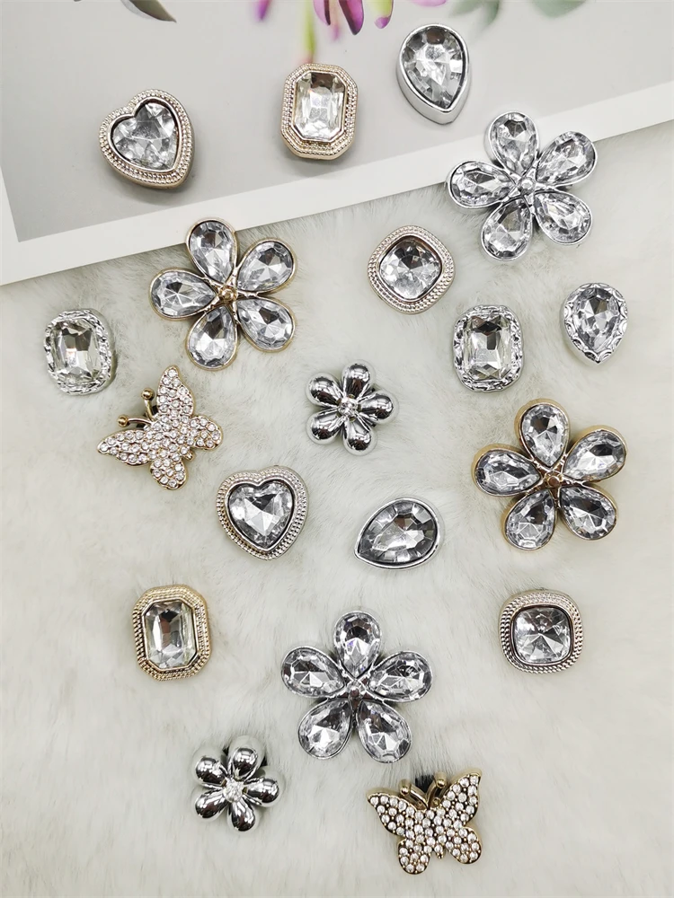 10PCS ABS Resin Silvery Golden Flower Shoe Charms Rhinestone Butterfly Shoes Decorations Heart Shoe Accessories DIY Shoe Clips