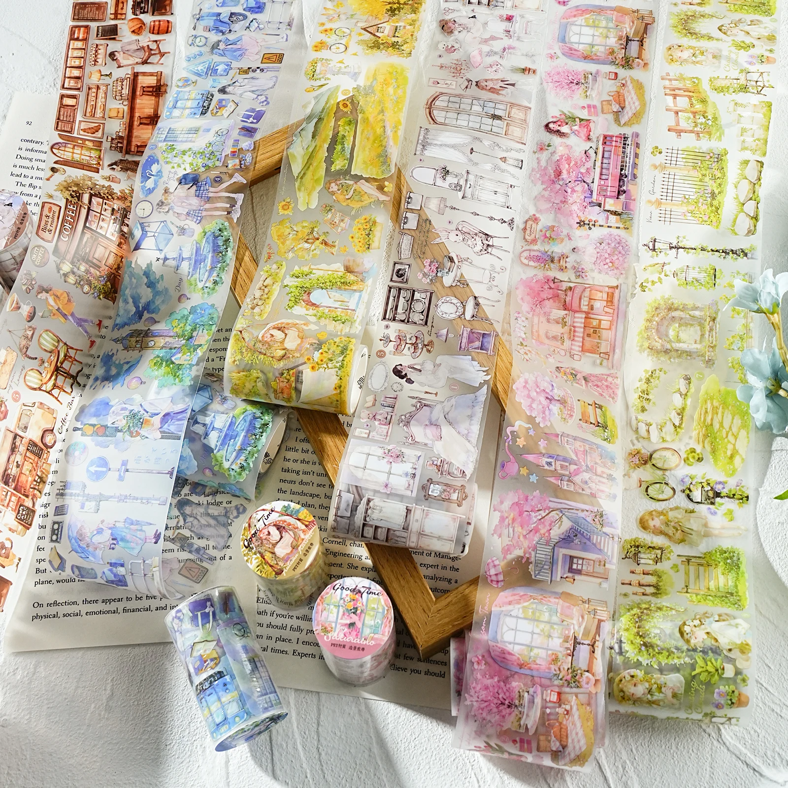 Etori Life Good Times Series Vintage Garden Character Pattern Scenery Pet Tape Stickers for Decoration, Handmade Scrapbooking, Photo Albums, Student Stationery, Baking Sealing, Gift Paper Bags, Waterproof Pvc, Small Gifts, Special-Shaped Die-Cutting Technique