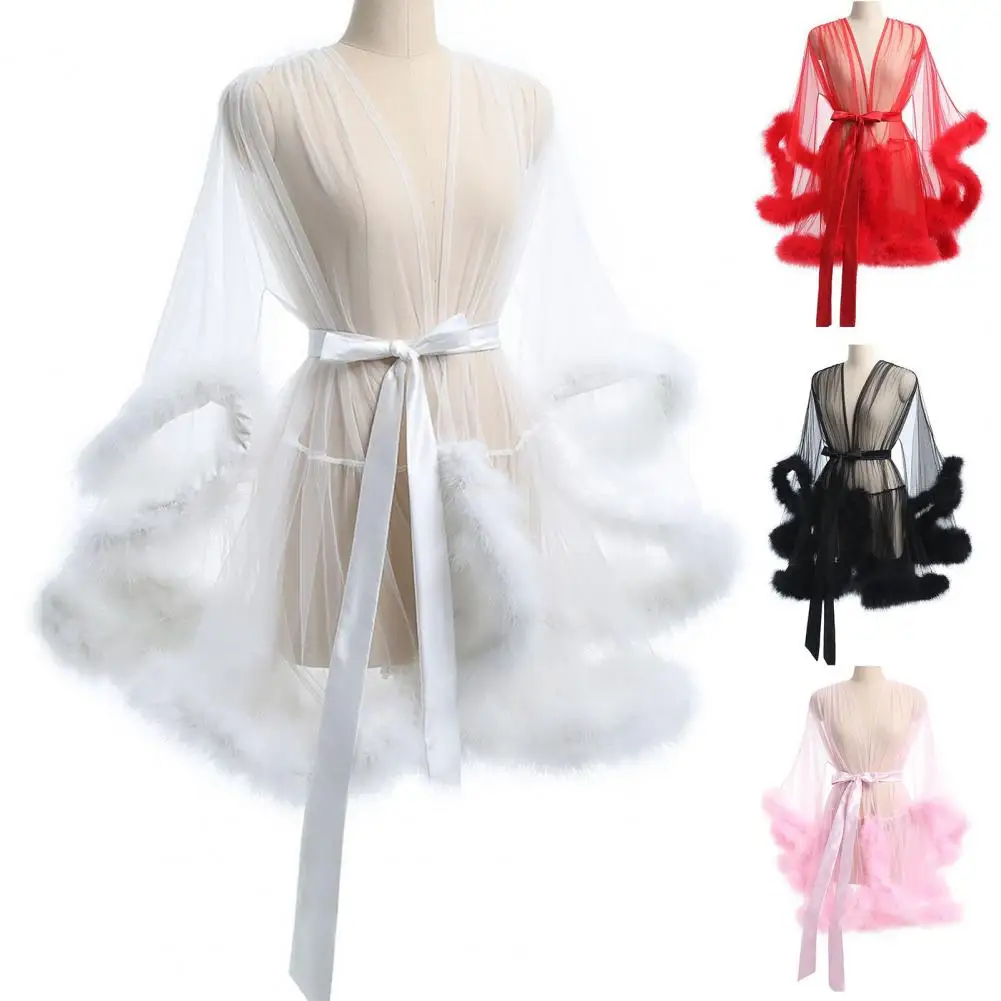 New Wedding Pajama Bath Dress Women Sexy V Neck Sequins Glitter Mesh See Through Nightgown Plush Fluffy Sleeve Sleepwear Robe