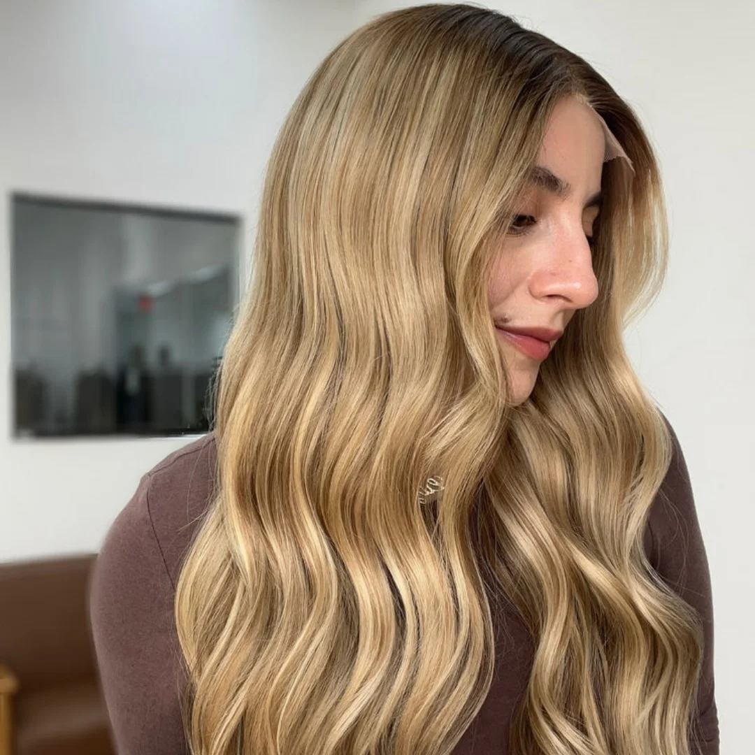 

Glueless Wigs Trendy Honey Blonde Deep Wave Synthetic Lace Frontal Wigs Realistic Look Natural Hairline Single Wig Woman 26”