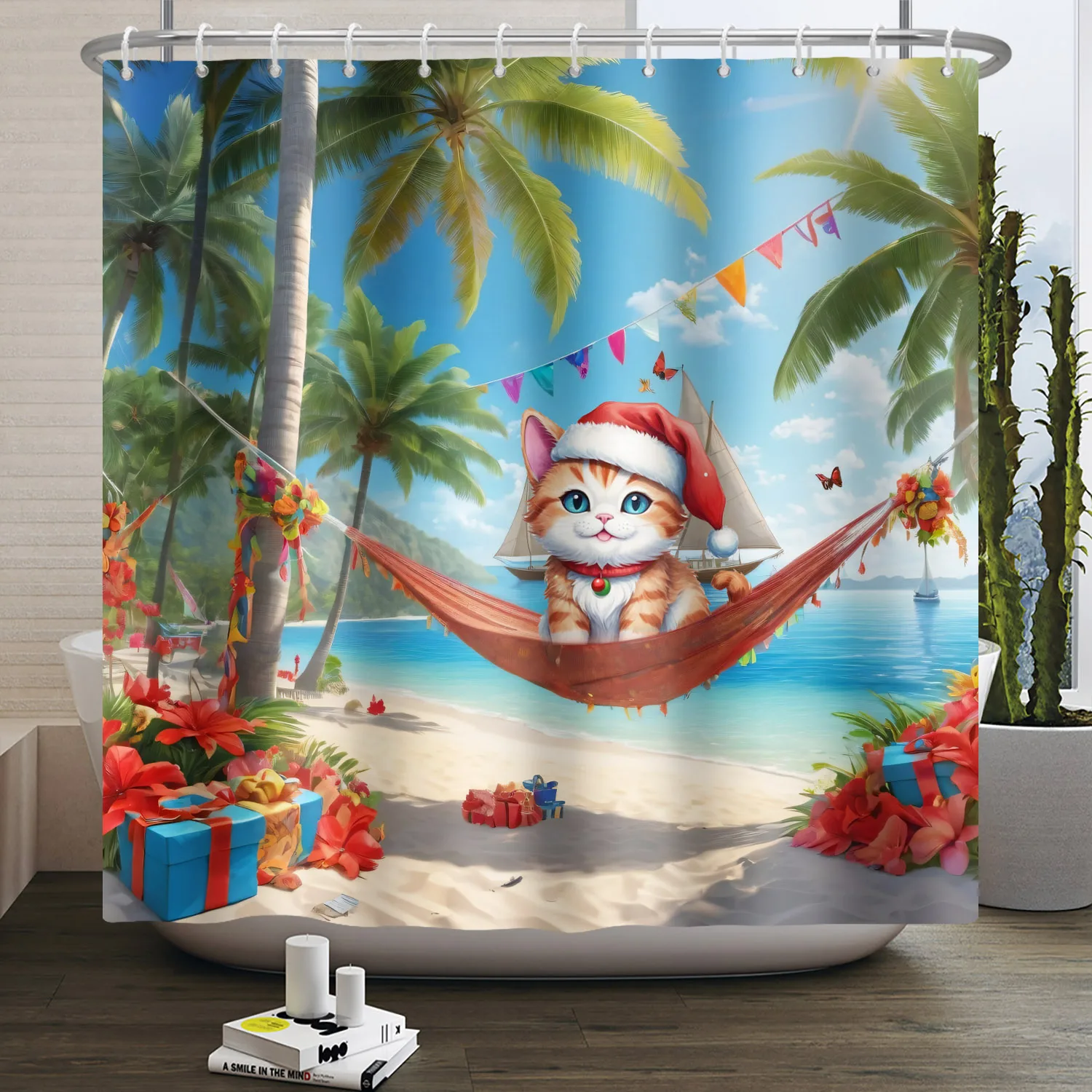 Seaside Flamingo Coconut Tree Shower Curtain Christmas New Year Red Stocking Bath Curtains Waterproof Bathtub Screen with Hooks