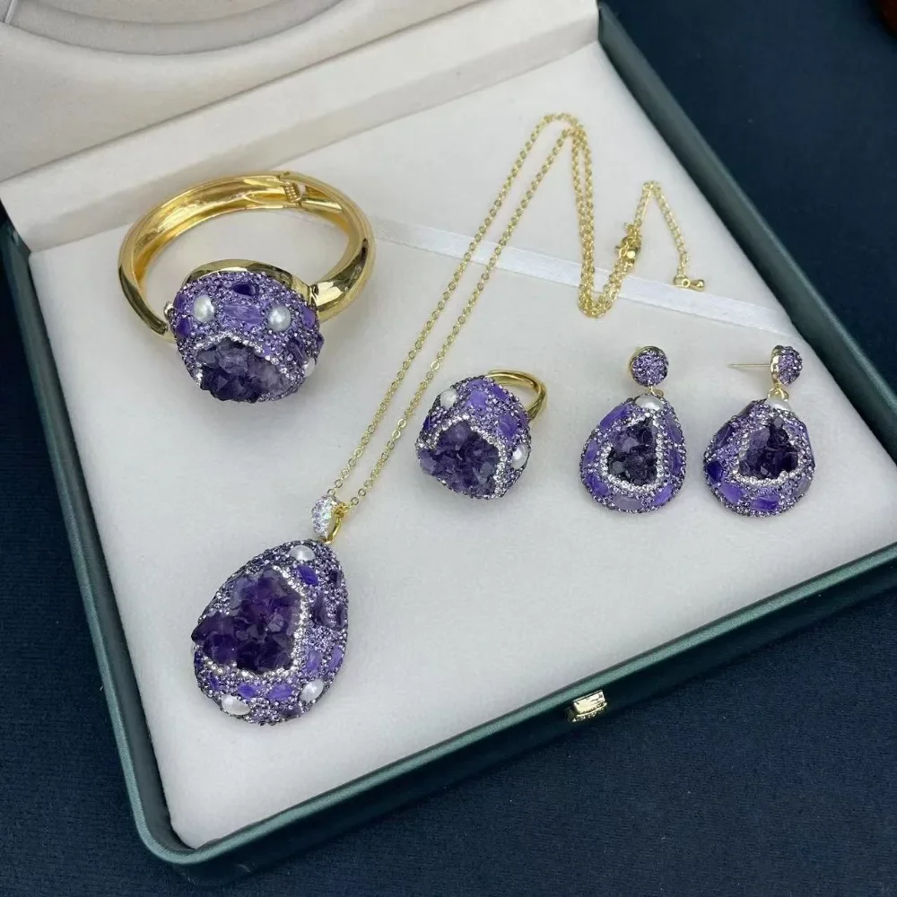 

Natural Amethyst Raw Stone Women's Necklace Earrings Rings Bracelets Jewelry Set Noble Luxury Exaggerated Exquisite Accessories