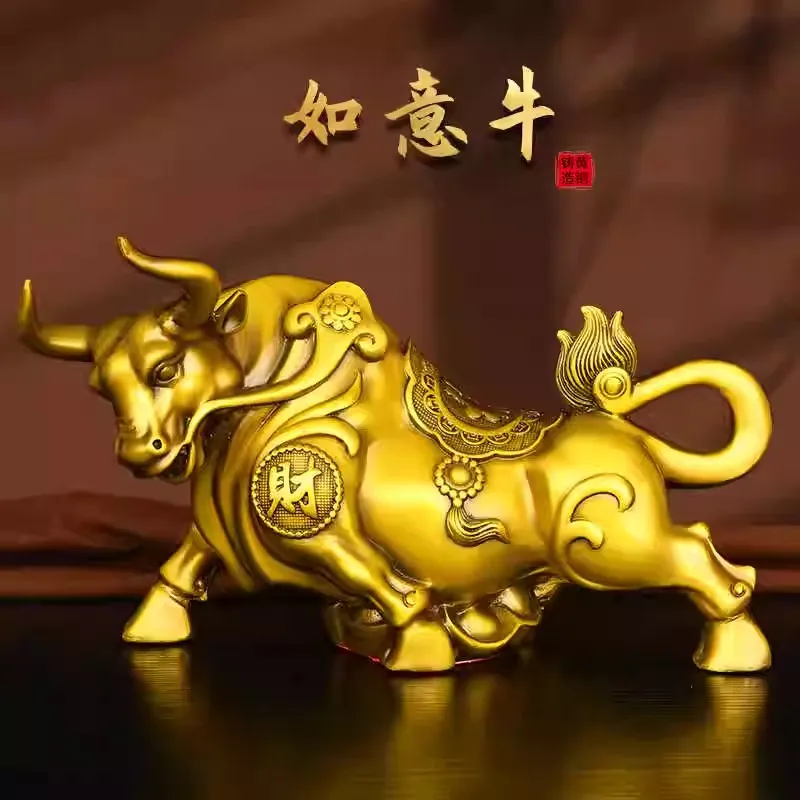 Feng Shui Wealth Bull with Ruyi - Large Brass Ox Sculpture for Powerful Money Energy & Career Luck, Ultimate Office & Home Abund