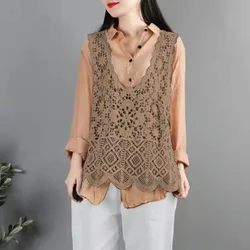 Vest Female 2023 Spring/Summer New Cotton Thread Knitted Tank Top Women Loose Top Vintage Hooked Flower Hollow Vest Pullover