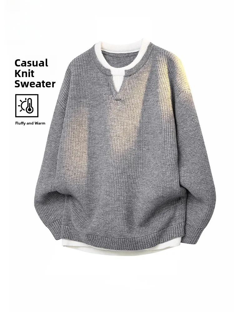 

ay Knitted Sweater for Men Spring Autumn Faion Brand Couple Fake Two-Piece High End Loose Fit Ci Walk Casual Wear