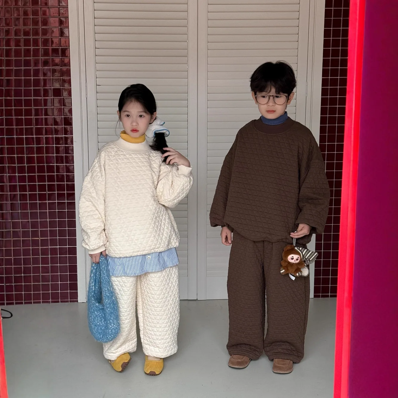 

Autumn Winter Children Girl 2PCS Clothes Set Cotton Argyle Cotton-padded Kid Girl Pullovers Suit Loose Thick Warm 1-10Y Boy Pant