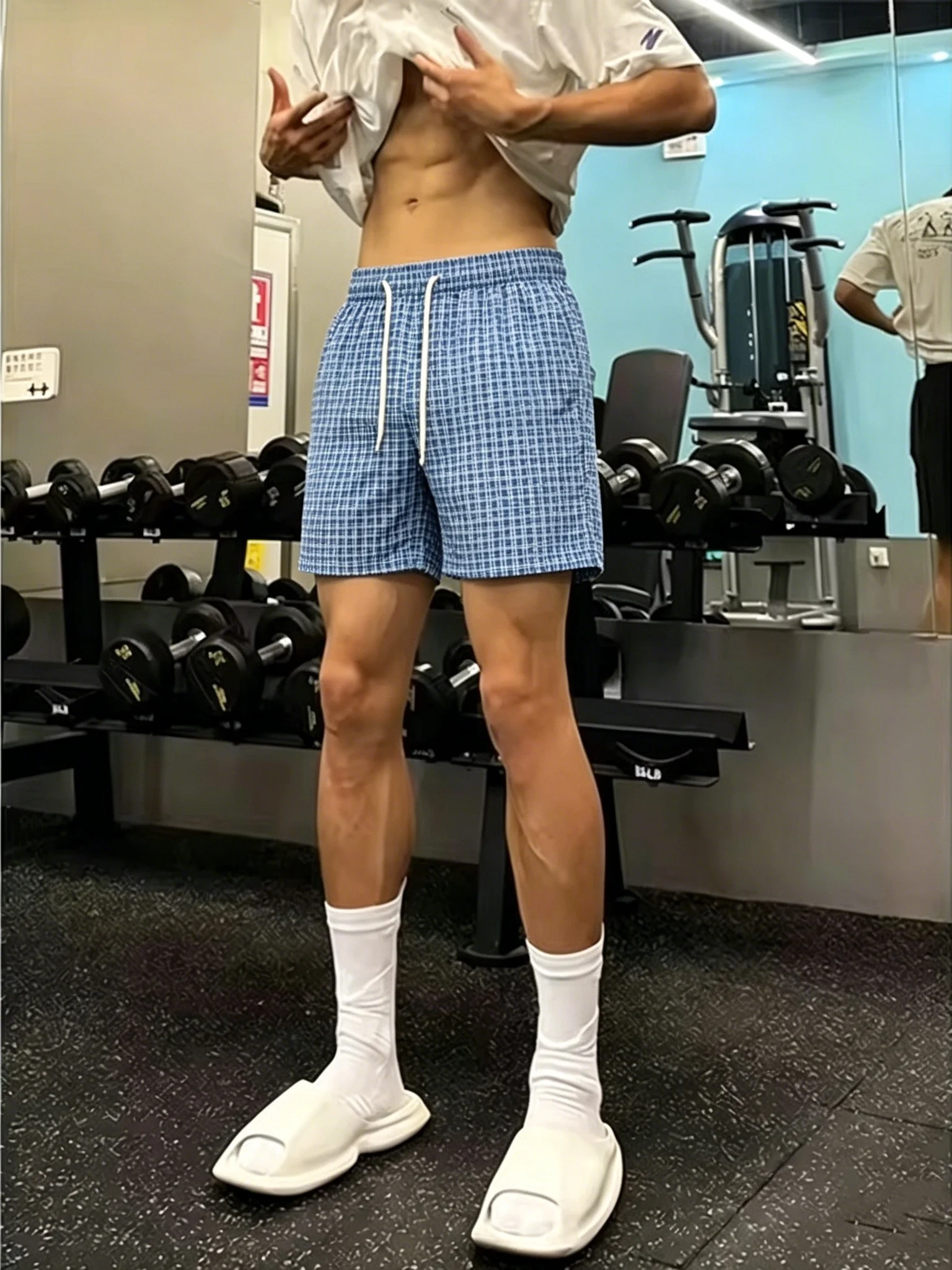

Blue Quick Dry Cool Grid Men's Summer American Sports Fitness Straight Loose Four Five Shorts Fashionable Urban Style Shorts