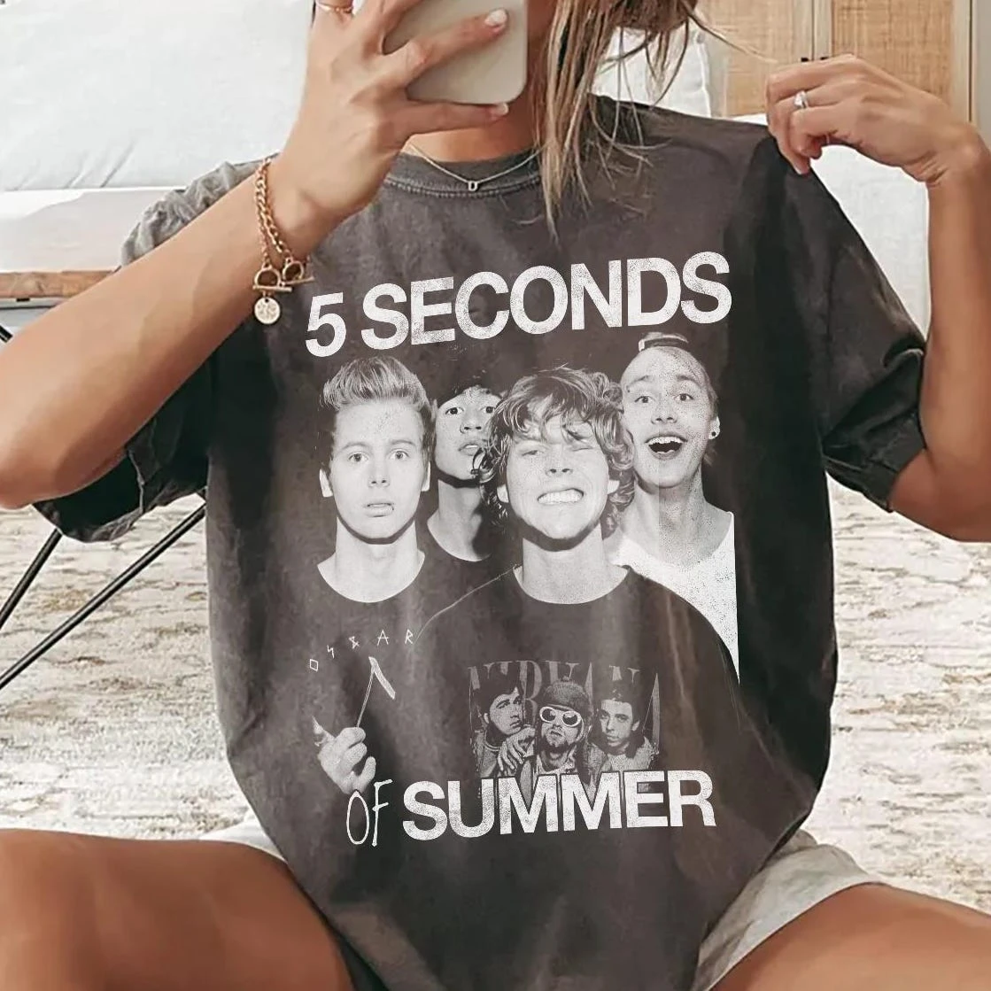 Camiseta 5SOS, camiseta retro de los años 90 de 5 Seconds of Summer, camiseta estampada con cuello redondo para mujer