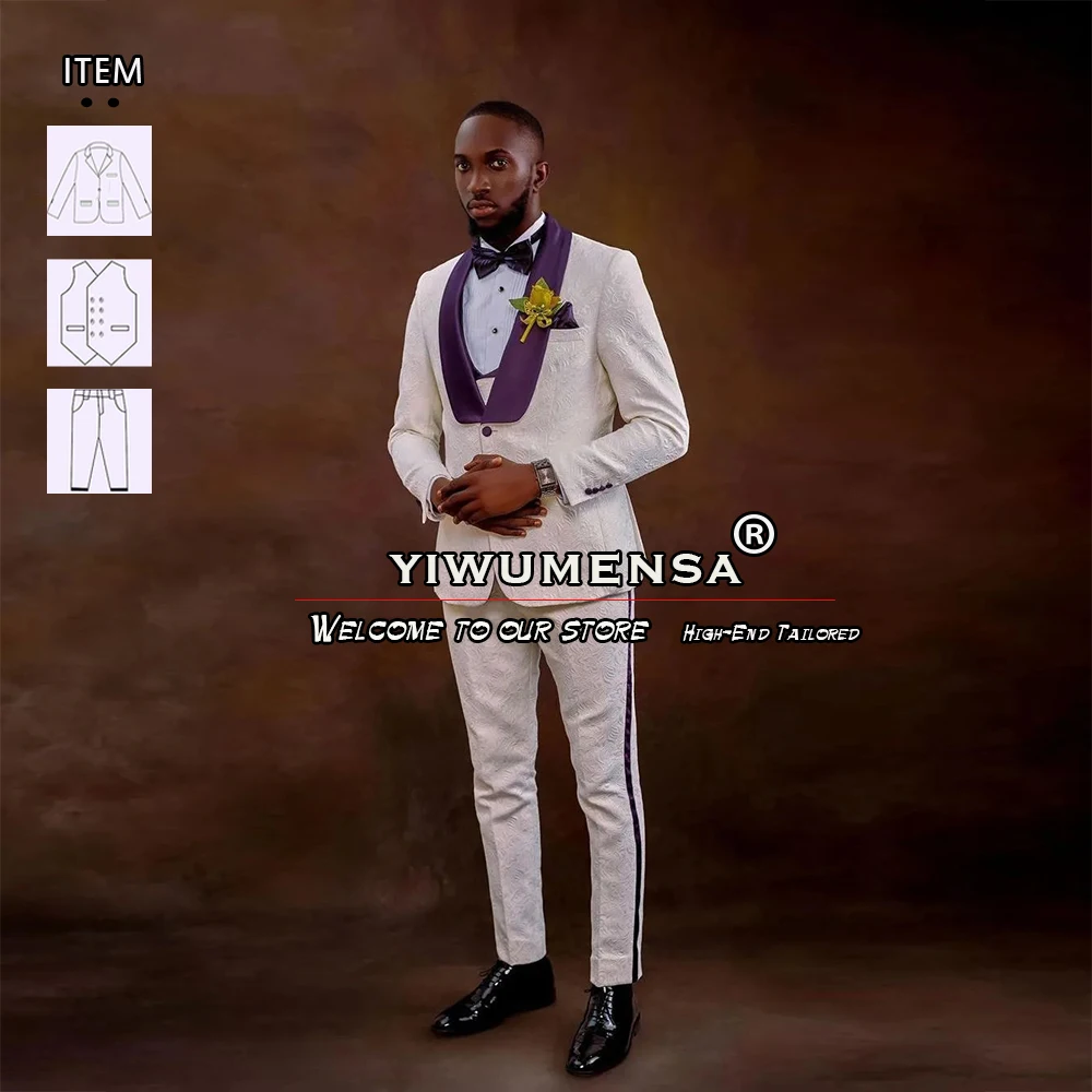 

Elegant Ivory Jacquard Men's Suits For Wedding Purple Lapel Blazer Tailor-Made 3 Pieces Jacket Vest Pants Groom Wear Tuxedo 2024