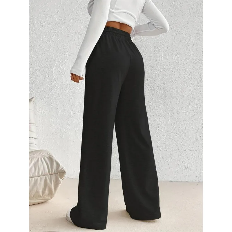حجم كبير 1XL-5XL المرأة فضفاضة تناسب واسعة الساق الرياضة بناطيل كاجوال بلون مرونة الخصر الرباط Sweatpants مع جيوب