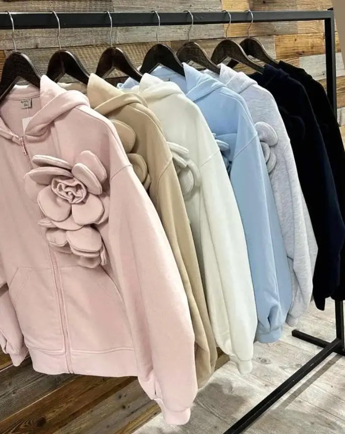 3D Flower Decorated Hooded Jacket with Casual Zipper and Loose Front Pocket, Autumn Fashionable Solid Color Personalized Jacket