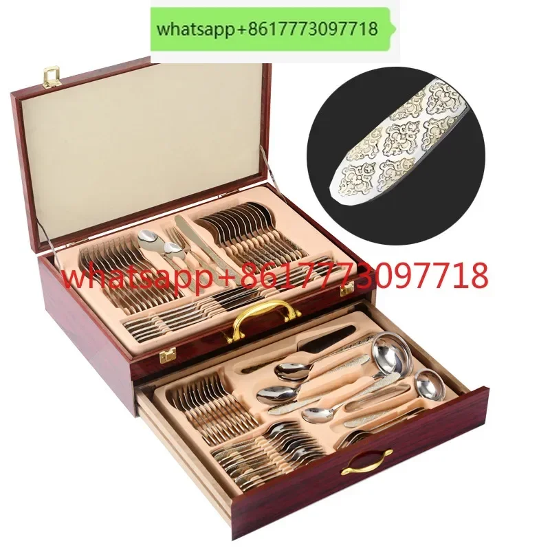 Western tableware set 72-piece set 84-piece set Gold-plated Gongyan stainless steel knife, fork and spoon gift box Wooden box
