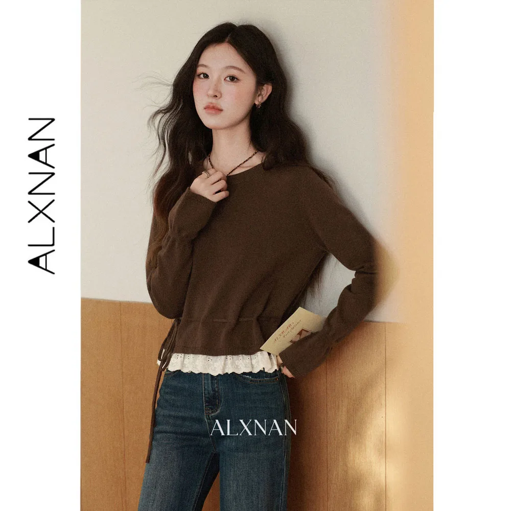 ALXNAN Brown Knit Sweater Women Autumn Lace Ruffle Hem Drawstring Waist Long Sleeve Pullovers 2026 Loose-fit Female Top L68027