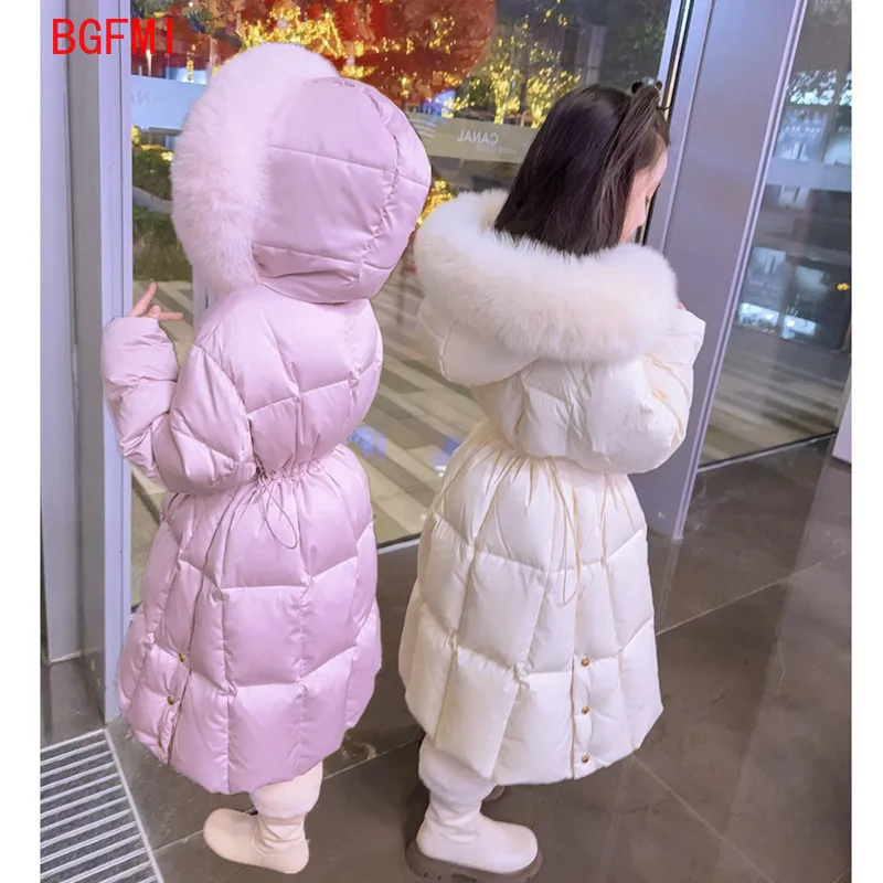 

Girls Winter Down Cotton Long Coats 2025 New Korean Fashionable Thicken Solid Color Ruffle Trim Zipper Hooded Furry Warm Coat