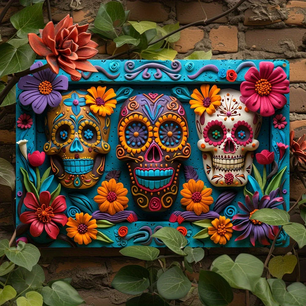 

Day of the Dead Skulls Wall Art: 8x12 Inch Aluminum Metal Sign - Colorful Mexican Decor for Bedroom, Living Room, or Garden