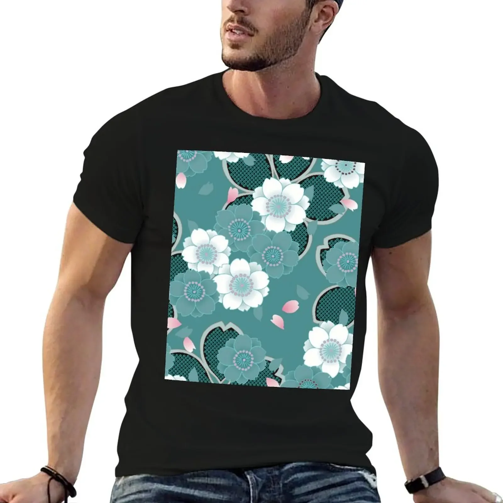 

Pink White Teal Floral Japanese Sakura Kimono Pattern T-Shirt heavyweights street wear plus size clothes t shirt men 100℅ cotton