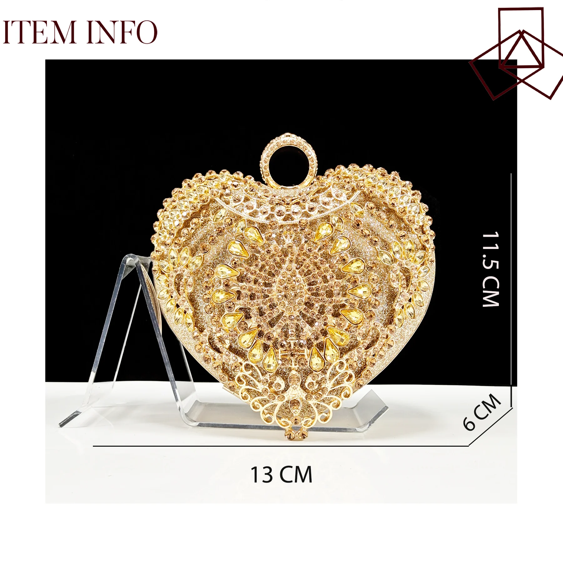 Rhinestone Embed Design Party Wedding Gold Color Pointed Toe High Heel Lady Shoes and Heart Shape Mini Bag