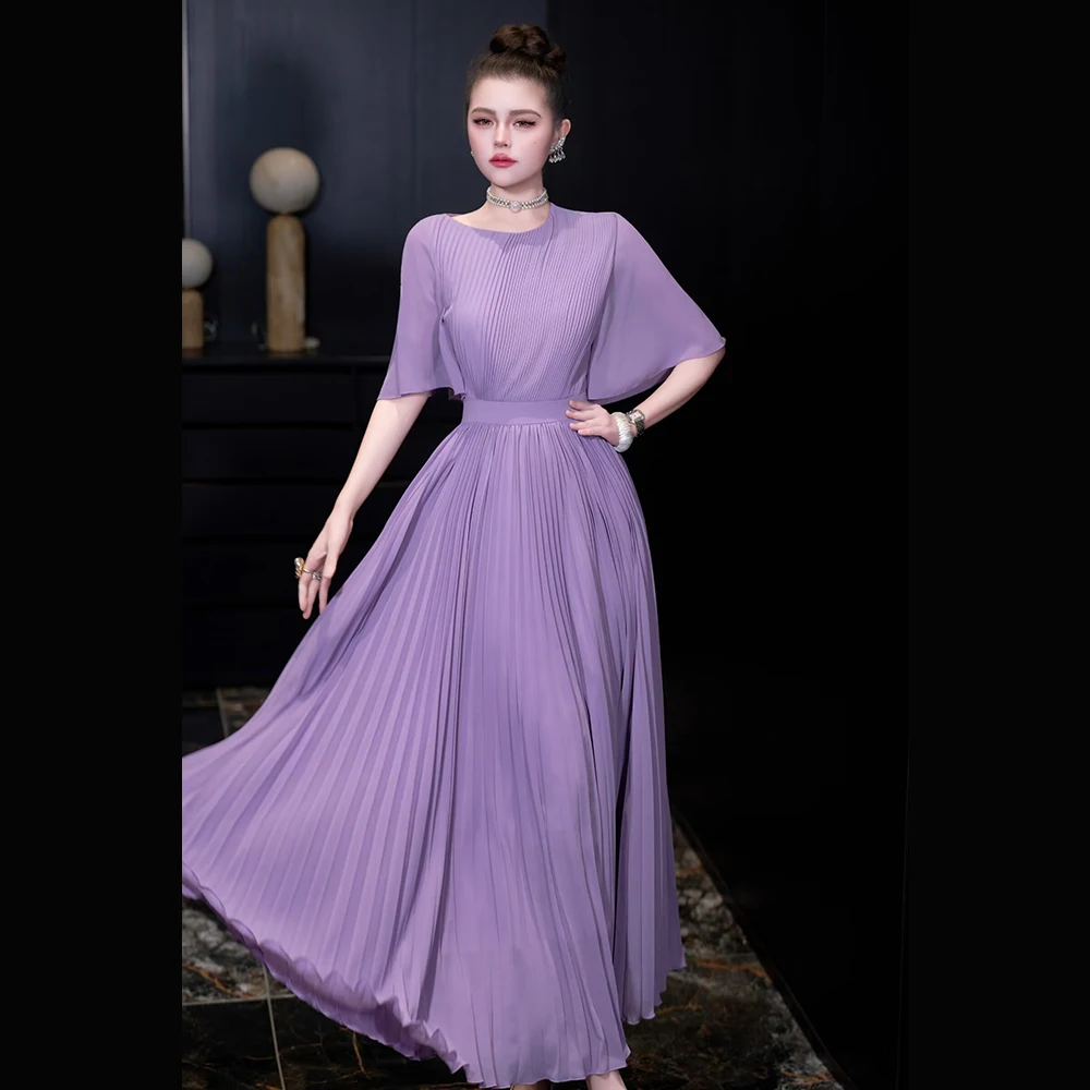 

Meyyithun Women's Dress Elegant Pleated O-neck Simple Dress Clothing Lady High Waisted Chic Vestidos Bodycon Midi Dress 1216Z0