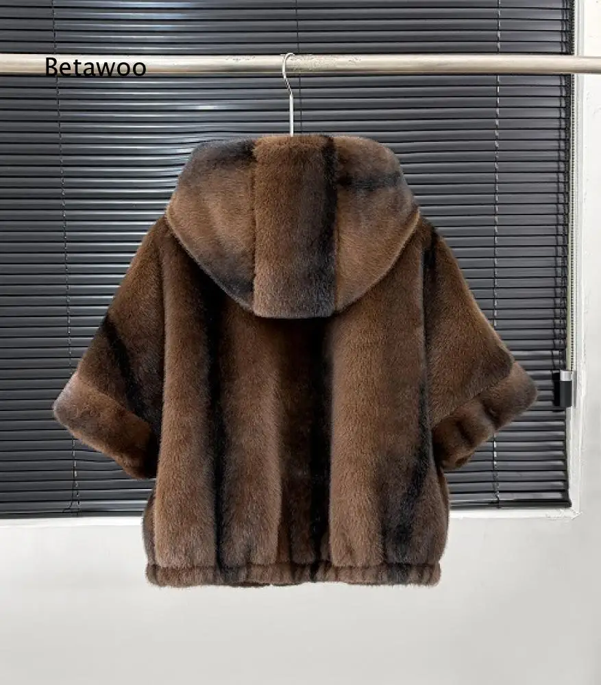 Womens Solid Beige Faux Fur Outerwear Hooded Zip Three Quarter Sleeve Fluffy Plush Short Coat For Daily Matching And Outings 6