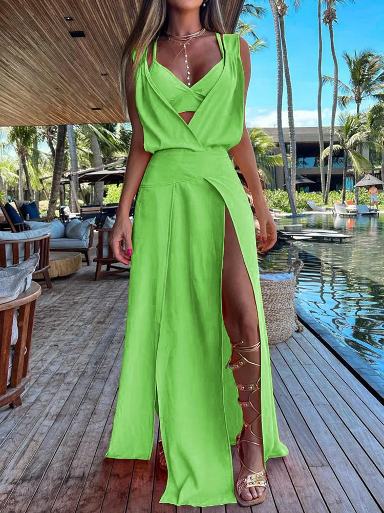 Sexy Vest And Maxi Dress Women Outfits Summer Women Beach Loose Two Piece Set Lady Patchwork Short Tops And Skirt Matching Suit