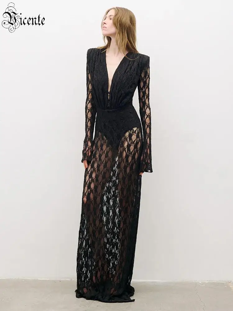 VC soirée mystérieuse Glamour noir dentelle profonde V pure manches longues robe Maxi mode Sexy robe de soirée